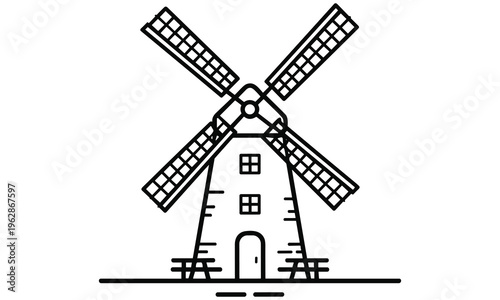 Black and white illustration of a traditional windmill with rotating blades and a small door