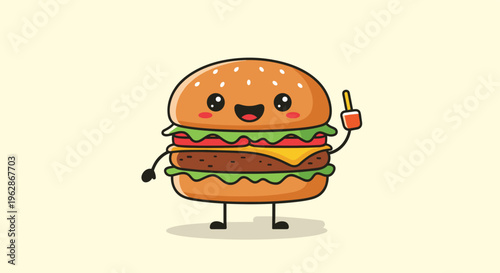 Happy cartoon burger character with a friendly face holding a small soda cup and standing on a cream background.
