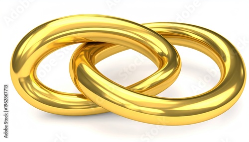 Two interlocking, shiny golden rings on white backdrop