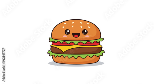 Adorable illustrated burger character with a big smile and bright eyes sitting calmly against a clean white background.