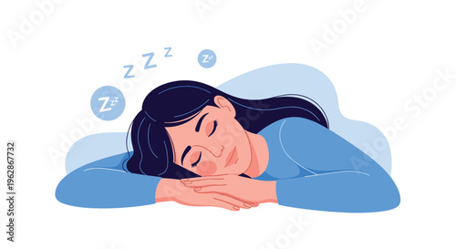 Young woman with long dark hair sleeping very peacefully with her head resting on her arms and 'Z' symbols above her head.