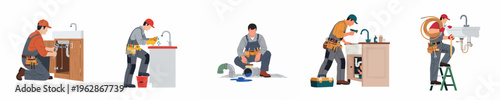 Set of professional plumbers in uniform performing various tasks like fixing sinks, repairing pipes, and stopping leaks, isolated on a white background.
