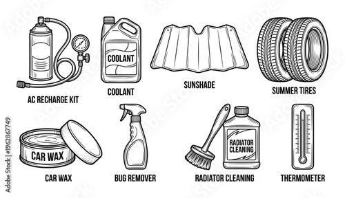 Summer car care maintenance products collection with ac recharge kit coolant and radiator cleaning