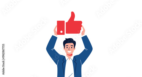 Happy businessman in a blue suit holds a giant red thumbs up icon above his head to show approval and positive feedback on a white background.