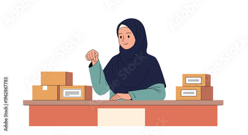 Muslim woman wearing a blue hijab works at a desk sorting several cardboard boxes for shipping in a small business or warehouse setting.