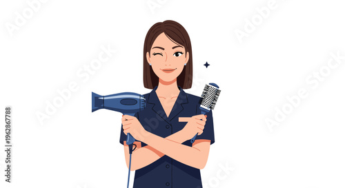 Professional female hair stylist in a dark blue uniform winks while crossing her arms and holding a blue hair dryer and a round styling brush.