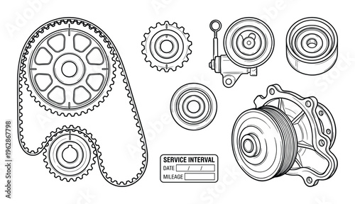 Timing belt and water pump service set including tensioner pulley cam gears and maintenance log tag