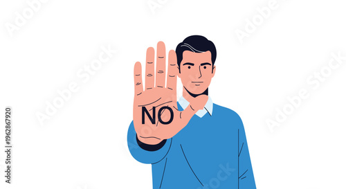 Serious man in a blue sweater holds up his hand with the word NO written on his palm to signal a clear stop, rejection, or refusal message.