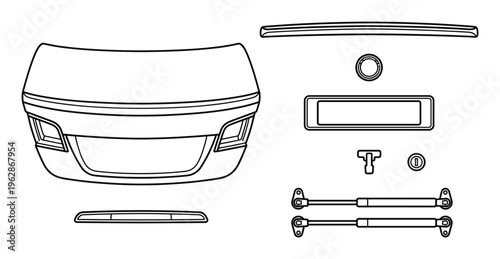 Trunk lid assembly and rear vehicle components including license plate bracket and gas struts vector