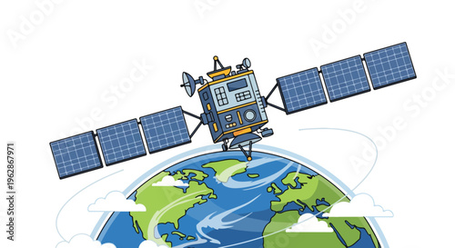A cartoon satellite hovers above an illustrated Earth, with clouds and solar panels
