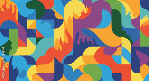 Vibrant abstract mosaic of shapes, flames, and diverse colors blending
