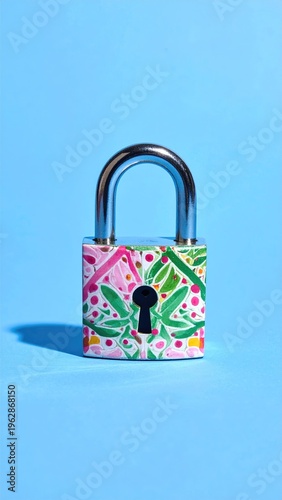 A floral-patterned padlock casting a shadow on a blue background