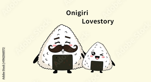 Two cute onigiri rice ball characters with faces and seaweed wraps are featured with the text onigiri lovestory on a light cream background.