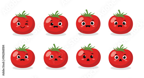 Set of eight red tomato emojis showing various facial expressions from happy and winking to surprised and angry for social media stickers.