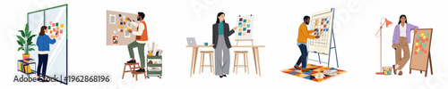 Diverse professionals planning and organizing projects using sticky notes and boards in a set of modern flat office illustrations.