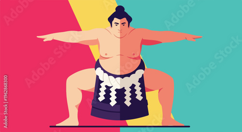 A cartoon-style illustration of a sumo wrestler in a colorful background