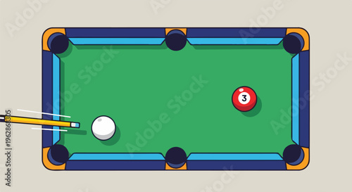 A cartoon-style illustration of a pool table with a cue ball