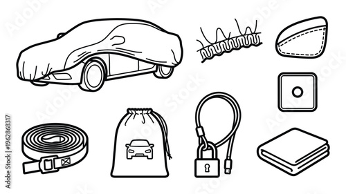 Vehicle protection cover set with drawstring storage bag and security lock cable including fabric