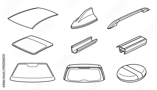 Vehicle roof components and glass window elements set including panoramic sunroof and rails vector