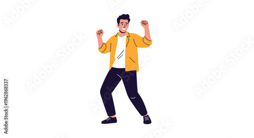 Energetic man in a yellow jacket and black pants celebrates with his fists clenched while dancing or cheering with a happy expression.