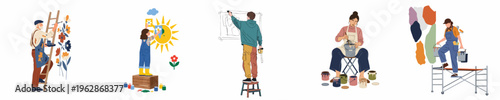 Diverse set of illustrations featuring people of various ages painting colorful murals and wall art, highlighting creativity, hobbies, and artistic expression.