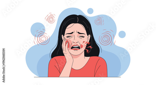Distressed woman in a red shirt holds her cheek in pain due to a severe toothache with red abstract circles representing the throbbing ache.