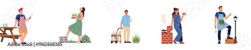 Vector illustration set of happy people enjoying a summer backyard barbecue party with food, drinks, and grilling activities on a white background.
