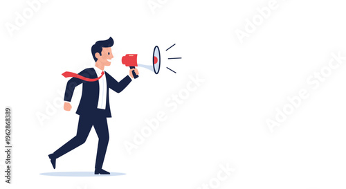 Enthusiastic businessman in a suit runs while shouting through a red and white megaphone to announce news or promotions on a white background.