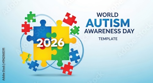 World autism awareness day 2026 blue central puzzle with floating pieces