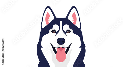 Detailed illustration of a husky dog face with blue and white fur and a pink tongue sticking out in a friendly and happy expression.