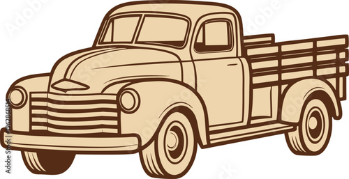 Classic Vintage Pickup Truck with Wooden Bed in Minimalist Flat Line Art Style vector,Generative Ai