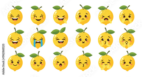 Set of cute yellow lemon fruit emojis displaying various facial expressions such as happy, sad, angry, and crying isolated on white.