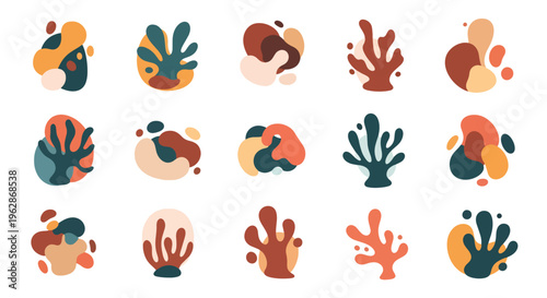 Colorful abstract shapes and plants in various earthy tones composition