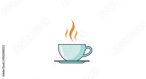 Simple illustration of a steaming hot cup of coffee or tea sitting on a saucer, representing a fresh start or a relaxing break time.