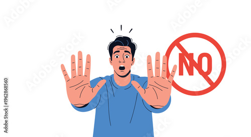 Young man looks shocked and frightened while showing stop hand gestures next to a red no sign, symbolizing rejection or prohibition.