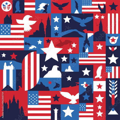 Patriotic collage of stars, eagles, buildings, flags, and color blocks