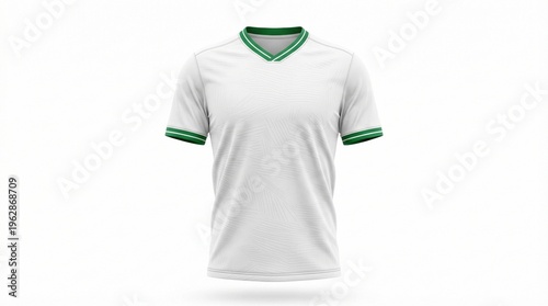 White soccer jersey mockup with green trim and short sleeves