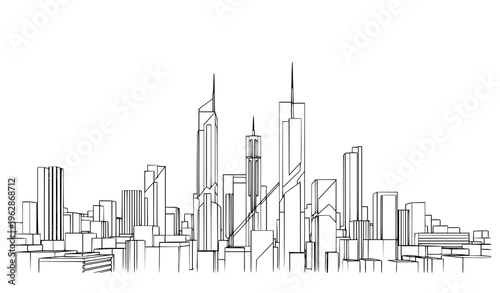 Minimal abstract cityscape line sketch with geometric urban buildings in modern outline vector on white background