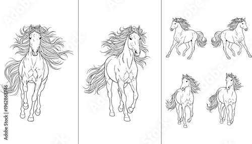 Running horse front view vector set with flowing mane detailed equine line art illustrations collection isolated
