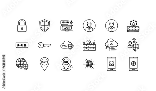 Simple secure internet and cybersecurity vector icons with protected profile and safe location editable stroke
