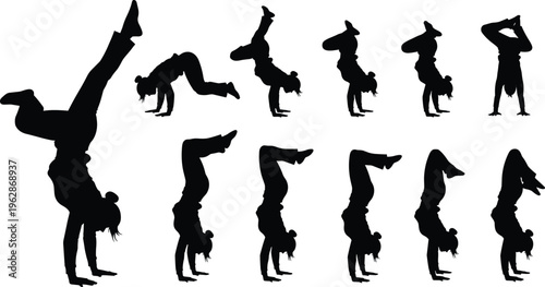 Collection of breakdance dancer silhouettes performing handstand and dynamic moves, street dance action set isolated for urban culture, sport, and design use