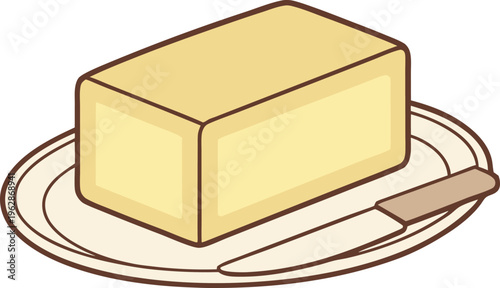 Fresh Dairy Butter Block on Plate with Knife in Minimalist Flat Line Art Pastel vector,Generative Ai