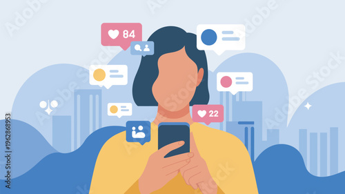 A woman using her smartphone with social media notifications floating above her in a cityscape background