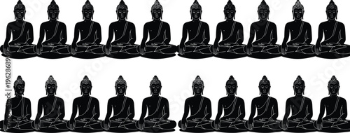 Collection of Buddha meditation silhouettes in lotus pose, spiritual enlightenment figures set isolated for yoga, mindfulness, and religious design use