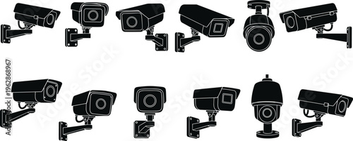 Collection of CCTV security camera silhouettes in various styles, surveillance equipment set isolated for monitoring system design, safety, and technology illustration use