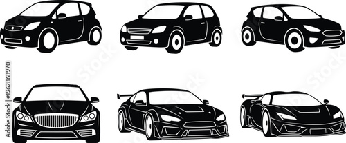 Collection of car silhouettes including sedan, hatchback, and sports vehicles, automobile set isolated for transport design, automotive branding, and illustration use