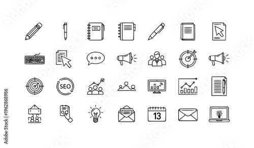 Copywriting and content creation line icons set with SEO marketing writing tools editable stroke pixel perfect vector