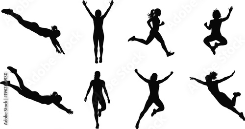 Collection of jumping and running human silhouettes in dynamic action poses, active people set isolated for sport, fitness, and lifestyle design use
