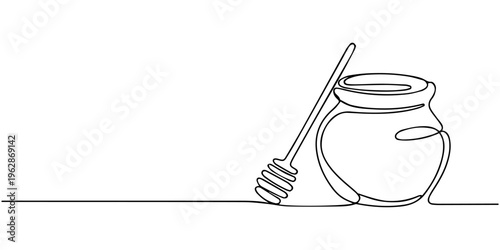 A continuous line drawing of a honey jar with a dipper