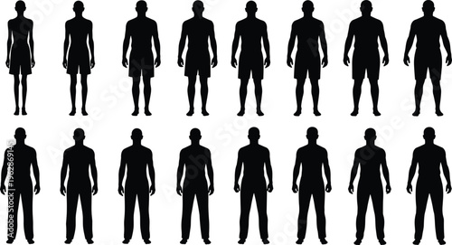 Collection of male body silhouette figures showing different builds and proportions, human anatomy set isolated for fitness, medical, and design reference use